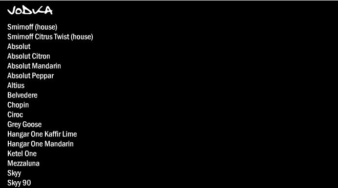 15C Club Vodka Menu