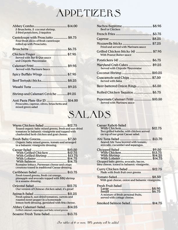 abbey food and bar appetizer menu