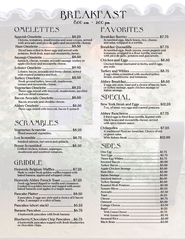 abbey food and bar breakfast menu